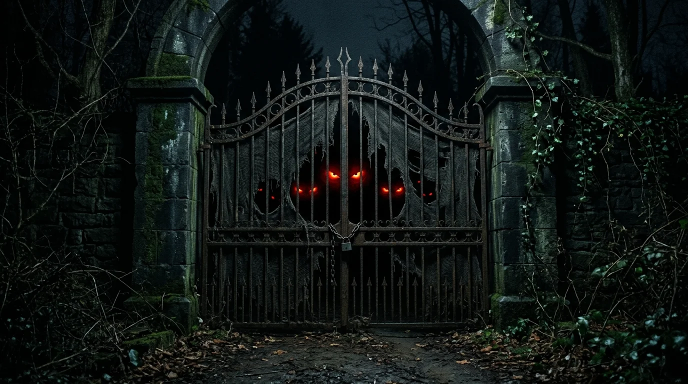 A metal gate with glowing red eyes peeking through dark mesh fabric dim lighting intense horror themed entrance no people